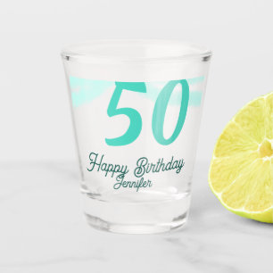 50th birthday add name date year green pastel bold shot glass