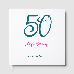 50th birthday add name year turquoise pink bold guest book