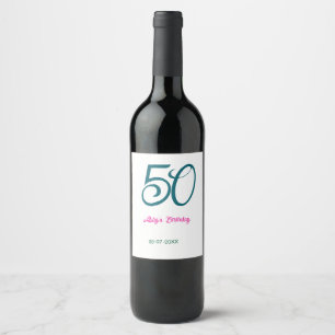 50th birthday add name year turquoise pink bold wine label