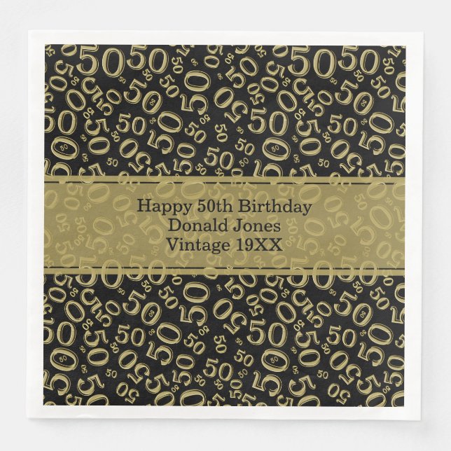 50th Birthday Age Number Pattern Black/Gold Napkin (Front)