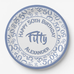 50th Birthday Age Number Pattern Blue/White 50 Paper Plate