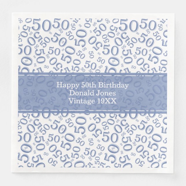 50th Birthday Age Number Pattern Blue/White Napkin (Front)