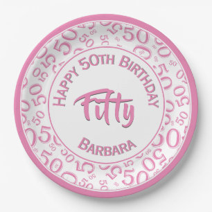 50th Birthday Age Number Pattern Pink/White 50 Paper Plate