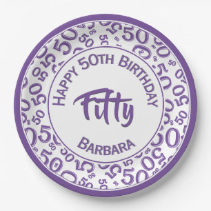 50th Birthday Age Number Pattern Purple/White 50 Paper Plate