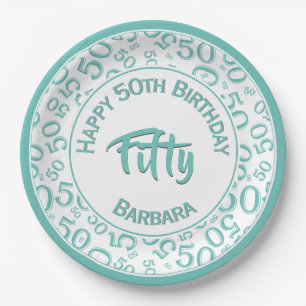 50th Birthday Age Number Pattern Teal/White 50 Paper Plate