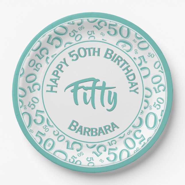 50th Birthday Age Number Pattern Teal/White 50 Paper Plate (Front)