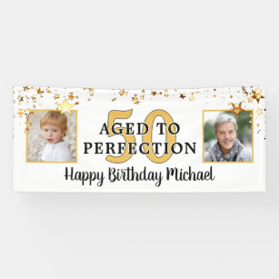 50th Birthday AGED TO PERFECTION Black Gold Stars Banner