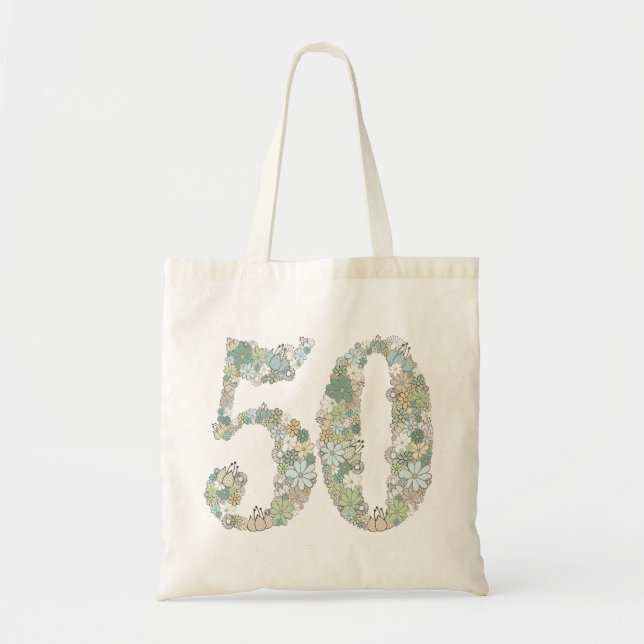 50th Birthday Anniversary Green Floral Tote Bag (Front)