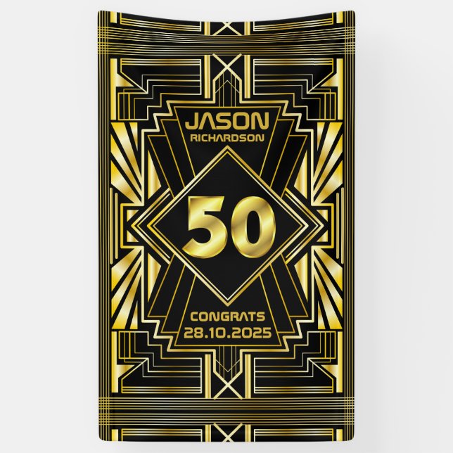 50th Birthday Art Deco Gold Black Great Gatsby Banner (Vertical)