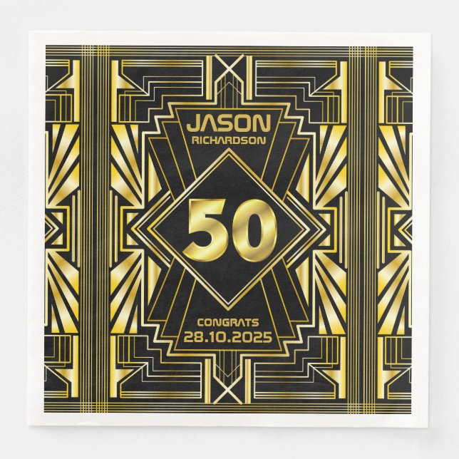 50th Birthday Art Deco Gold Black Great Gatsby Napkin (Front)