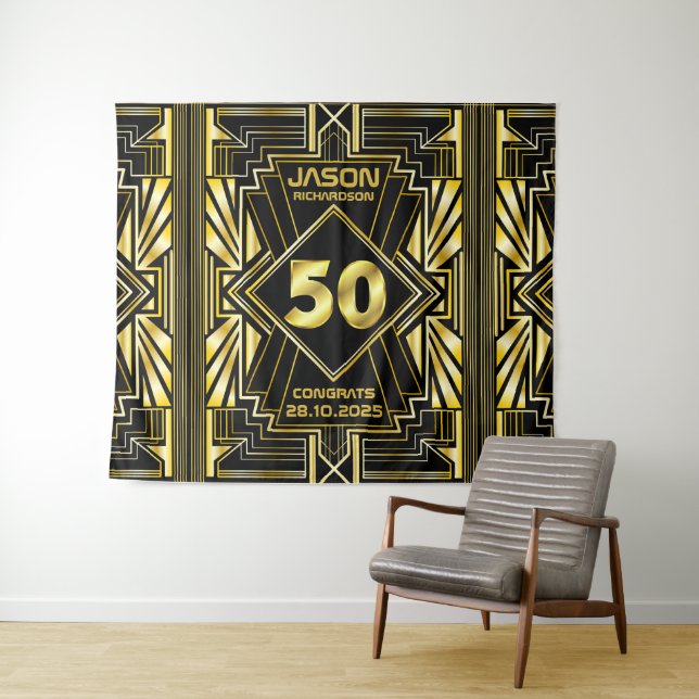 50th Birthday Art Deco Gold Black Great Gatsby Tapestry (In Situ (Horizontal))