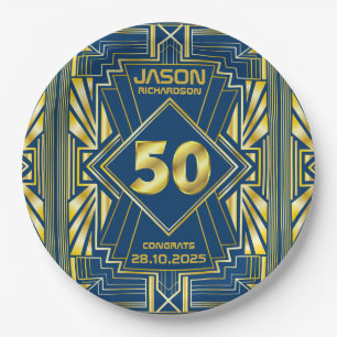 50th Birthday Art Deco Gold Blue Great Gatsby Paper Plate