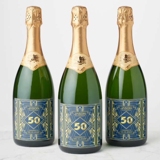 50th Birthday Art Deco Gold Blue Great Gatsby Sparkling Wine Label (Bottles)