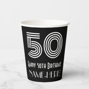 50th Birthday — Art Deco Inspired Look “50” + Name Paper Cups