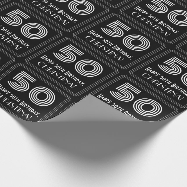 50th Birthday: Art Deco Inspired Look "50" w/ Name Wrapping Paper (Corner)