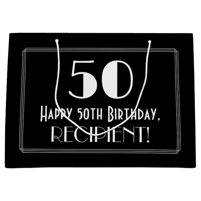 50th Birthday: Art Deco Inspired Style "50", Name Large Gift Bag (Front)