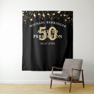 50th Birthday Backdrop AGED TO PERFECTION Black Tapestry