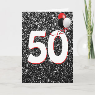 50th Birthday Balloons on Black Glitter  Card