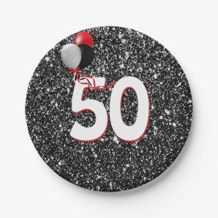 50th Birthday Balloons on Black Glitter Paper Plate
