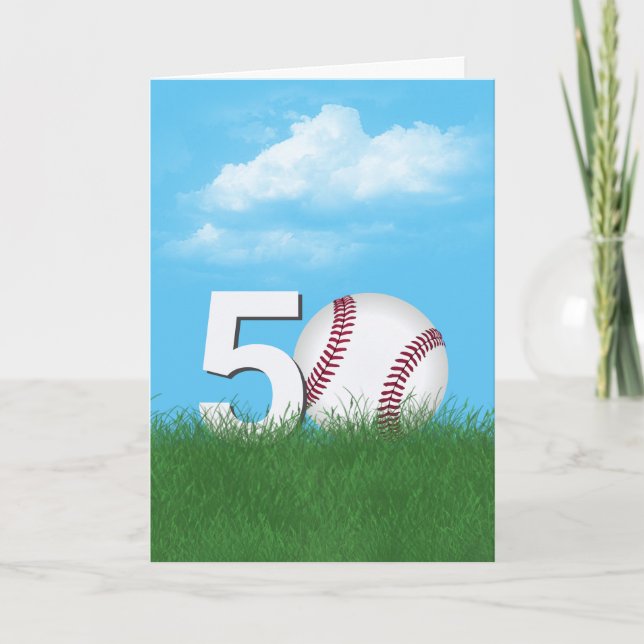 50th Birthday Baseball In Green Grass Card (Front)