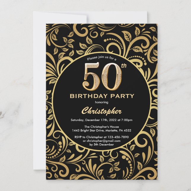 50th Birthday Black and Gold Floral Pattern Invitation (Front)