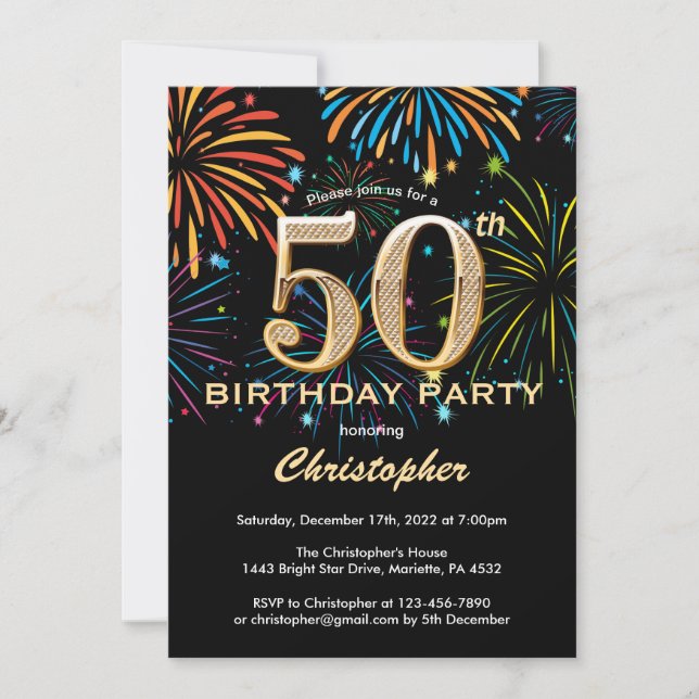 50th Birthday Black and Gold Rainbow Fireworks Invitation (Front)