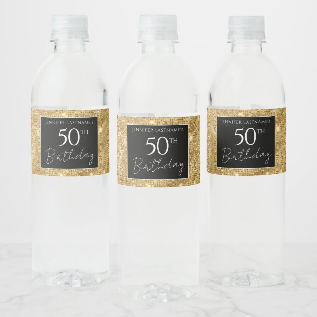 50th Birthday Black and Gold Shimmer Water Bottle Label (Bottles)