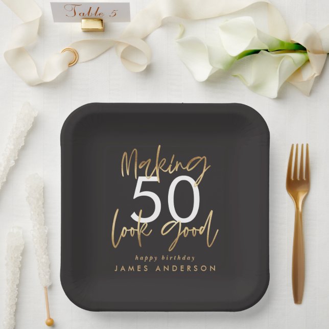 50th Birthday black and gold simple elegant modern Paper Plate (Wedding)