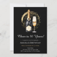 50th Birthday Black and Gold WINE Invitation