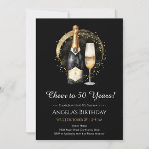 50th Birthday Black and Gold WINE Invitation