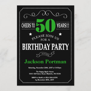 50th Birthday Black and Green Chalkboard Invitation