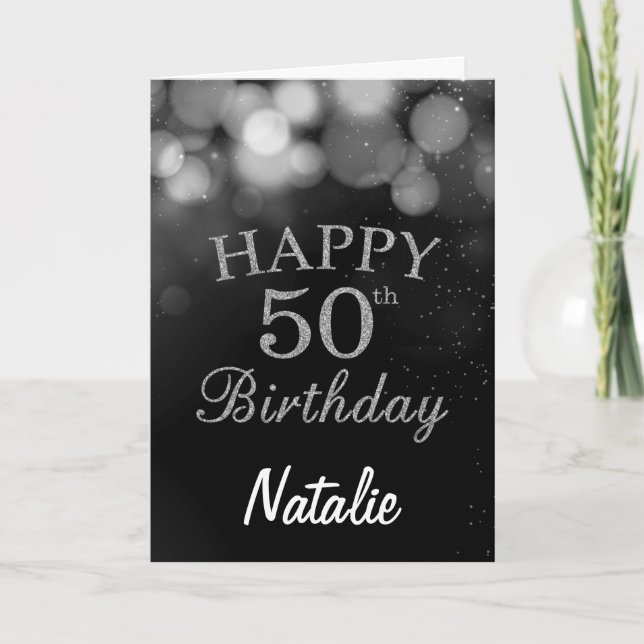 50th Birthday  Black and Silver Glitter Card (Front)