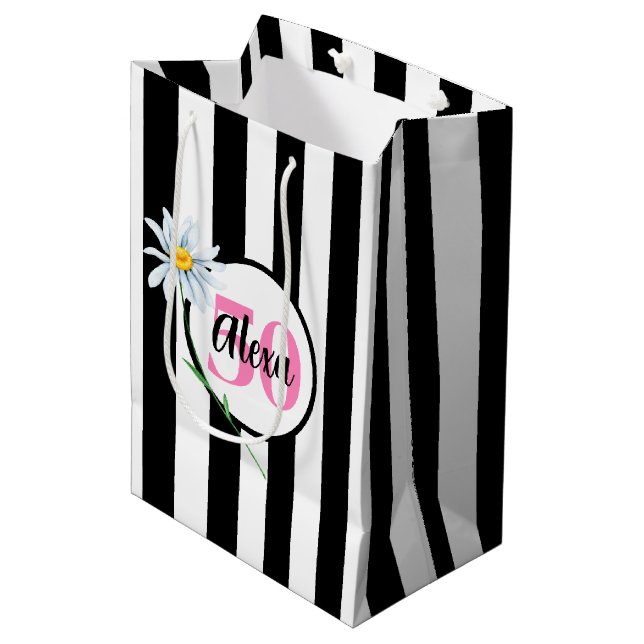 50th Birthday Black And White Stripes Medium Gift Bag (Front Angled)