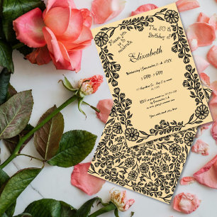 50th Birthday Black & Beige Botanical Floral  Invitation