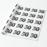 50th Birthday, black, blue text on white. Wrapping Paper<br><div class="desc">Big white and black numbers,  for a 50th birthday for any person getting older.</div>
