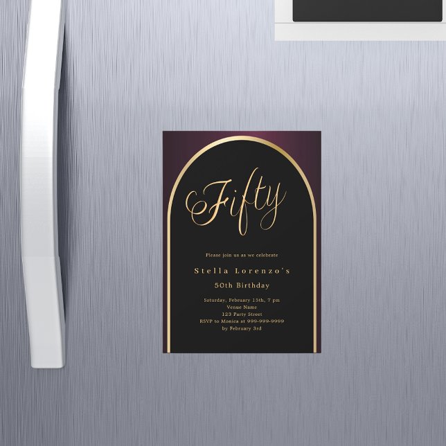 50th birthday black burgundy gold arch luxury magnetic invitation (Creator Uploaded)