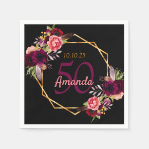 50th birthday black floral gold geometric burgundy napkin