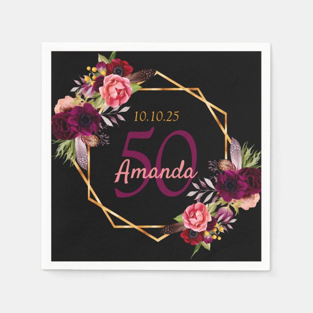 50th birthday black floral gold geometric burgundy napkin (Front)