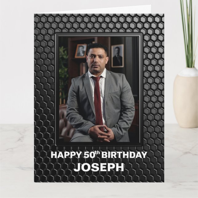 50th Birthday Black Geometric Pattern Custom Photo Card (Front)