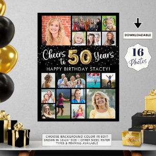 50th Birthday Black Gold 16 Photo Cheers to Years Poster