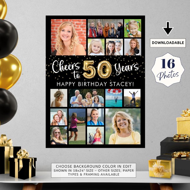 50th Birthday Black Gold 16 Photo Cheers to Years Poster (Creator Uploaded)