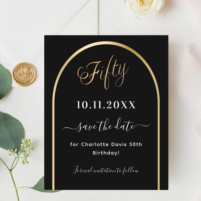 50th birthday black gold arch budget save the date flyer (Creator Uploaded)