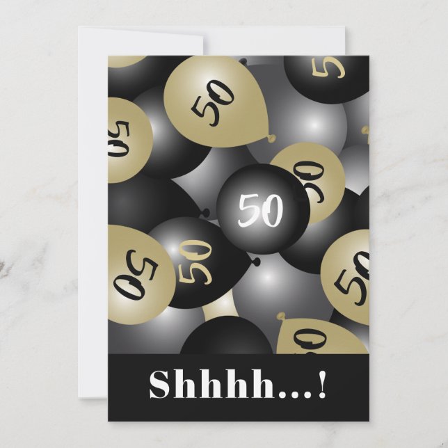 50th Birthday Black Gold Balloon Invitation (Front)