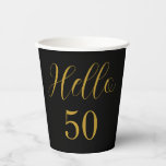 50th Birthday Black Gold Birthday Party Paper Cups<br><div class="desc">Elegant black and gold 50th birthday party design. This modern typography design is in classic black and gold. It has the text "Hello 50" in trending typography. This stylish design is perfect for a chic and unforgettable 50th birthday party celebration. If you need help with personalisation, matching products, or for...</div>