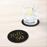 50th Birthday Black Gold Birthday Round Paper Coaster<br><div class="desc">Elegant black and gold 50th birthday sticker design. This modern typography design is in chic black and gold. It has the text "Hello 50" in trending typography. This stylish design is perfect for an unforgettable 50th birthday party celebration. If you need help with personalisation, matching products, or for a custom...</div>