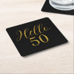 50th Birthday Black Gold Birthday Square Paper Coaster<br><div class="desc">Elegant black and gold 50th birthday sticker design. This modern typography design is in chic black and gold. It has the text "Hello 50" in trending typography. This stylish design is perfect for an unforgettable 50th birthday party celebration. Contact the designer via zazzle chat for help with matching products, personalisation...</div>