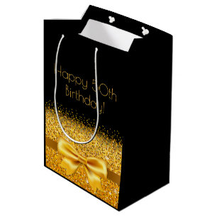 50th birthday black gold bow medium gift bag