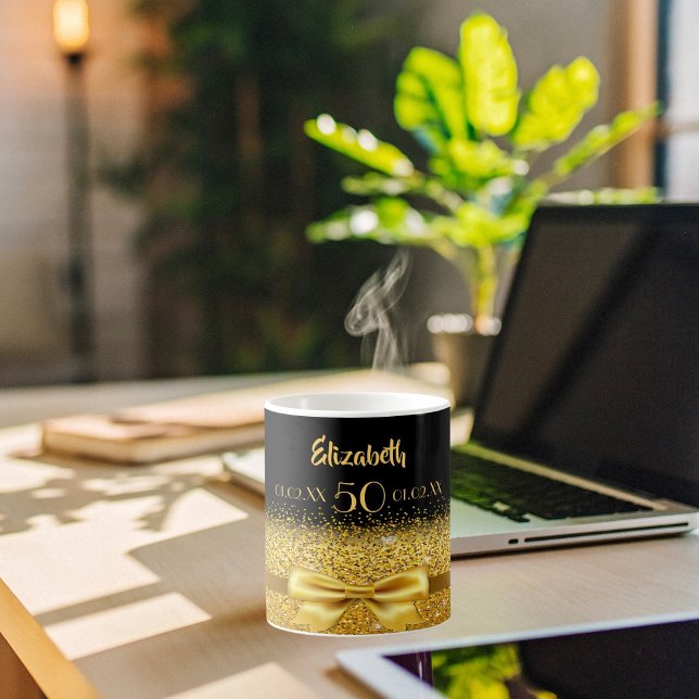 50th birthday black gold bow name coffee mug (Creator Uploaded)