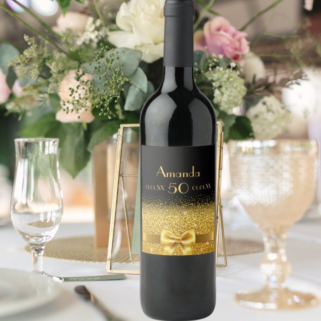 50th birthday black gold bow name wine label (Creator Uploaded)