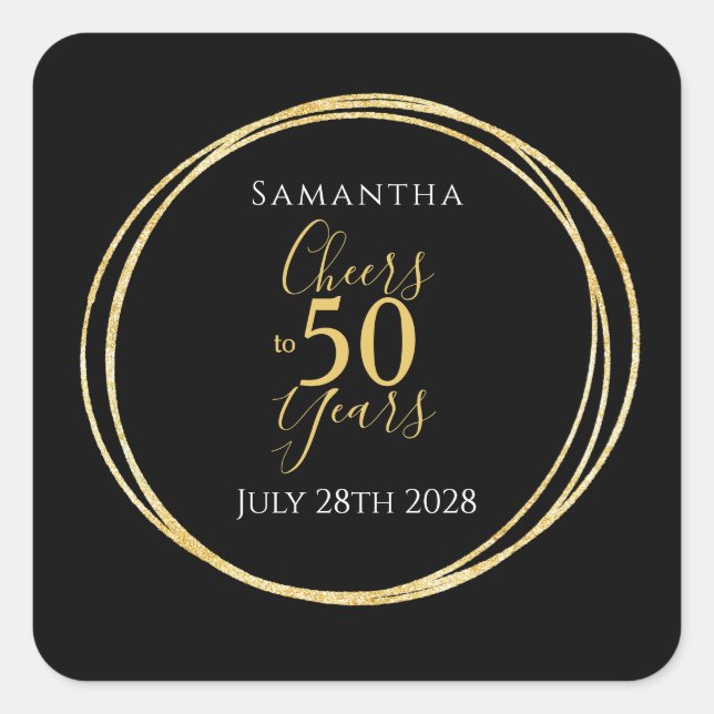 50th Birthday Black Gold Cheers to 50 Years Square Sticker (Front)